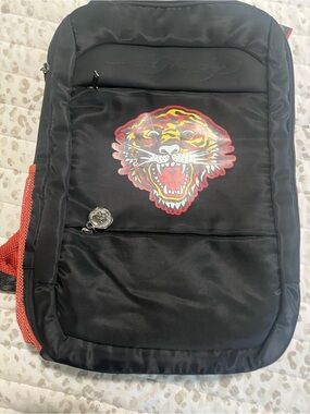 Ed Hardy Red and Black Mesh Backpack with Orange Logo